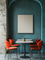 Wall art mockup in a modern cafe with a blank canvas on the wall. The cafe has blue and grey hues. 
