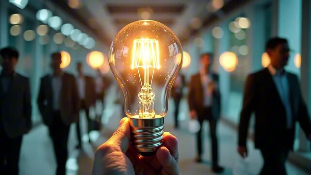 Hand holding glowing light bulb in focus, with blurred professionals walking in background, creating an atmosphere of inspiration and collaboration, camera follows action