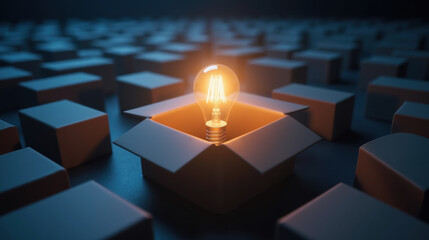 glowing light bulb inside open box surrounded by closed boxes symbolizes creativity and innovation