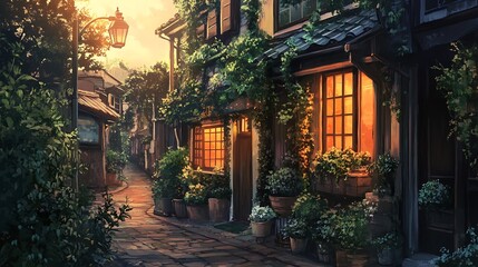 Fototapeta premium Charming English Town Street at Sunset