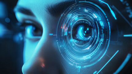 Futuristic eye interface with digital elements.