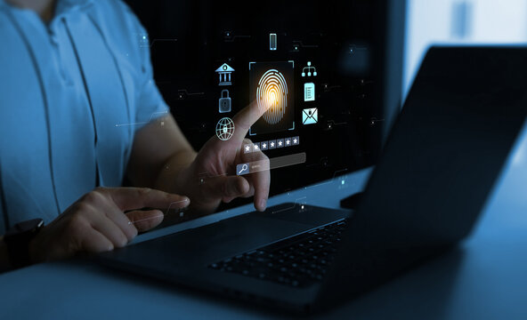 Biometric secure personal data access technology.Fingerprint scanning allows access security and identification big data.Cyber ​​security technology on Internet.