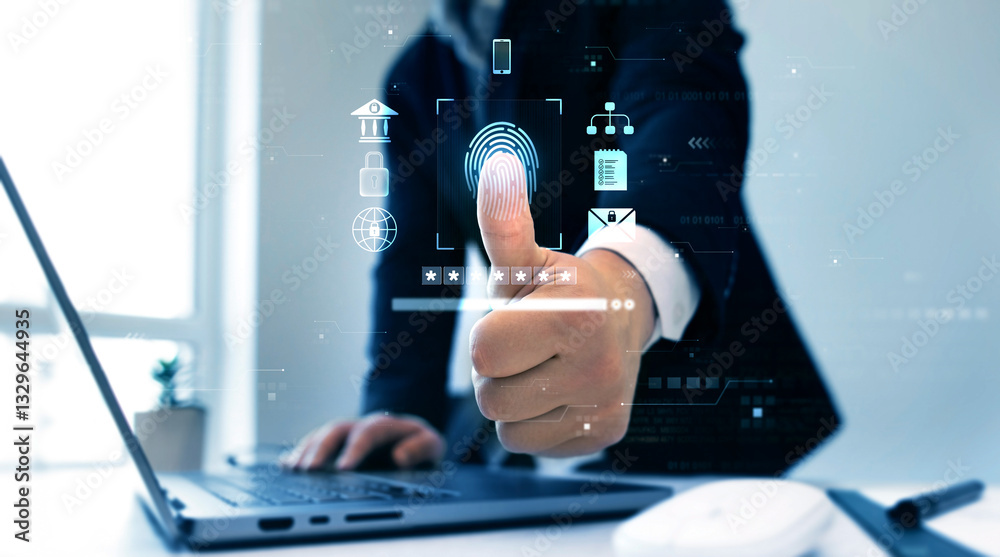 Poster biometric secure personal data access technology.fingerprint scanning allows access security and ide