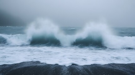 Fototapeta premium Misty Ocean Waves Crashing On Shore