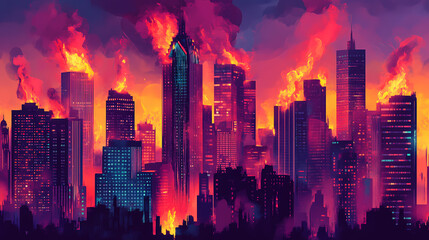 Fototapeta premium Fiery skyline ablaze with vibrant flames devouring towering skyscrapers, casting an orange glow across the smoky heavens. Smoky Glow. Illustration