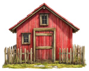 charming red barn with rustic wooden door and windows, surrounded by picket fence and grassy area, evokes warm, farm style atmosphere