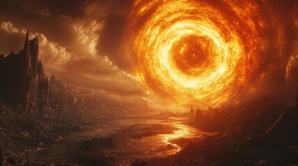 Fiery celestial vortex over alien landscape