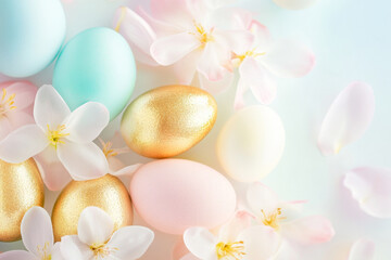 Easter pastel and golden eggs with tropical exotic flowers on soft pastel background