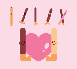 Cute cartoon couple holding a pink heart Pepero cookies. Cookie characters. Chocolate.
