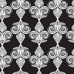 Hand drawing ornate baroque seamless pattern. Engraved damask texture, vintage background. Vector illustration. Wallpaper repetitive design elements monochrome color. For fabric, packaging, invitation