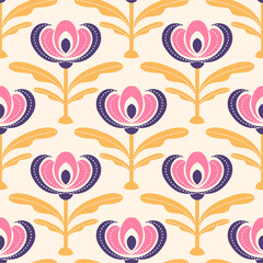 Retro floral pattern with repeating flower motifs. Ideal for textiles, wallpaper, packaging, and digital designs.	