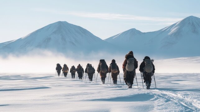 A group of adventurers treks through a snowy landscape. Each step taken leads them onward. The mountains tower majestically in the background. Generative AI.