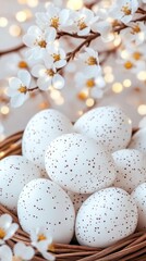 Obraz premium Speckled Easter Eggs Nestled in Spring Blossoms