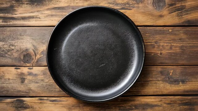Black plate empty on a rustic wooden table