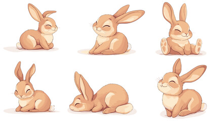 Charming collection of adorable, stylized brown bunny illustrations featuring various relaxed poses
