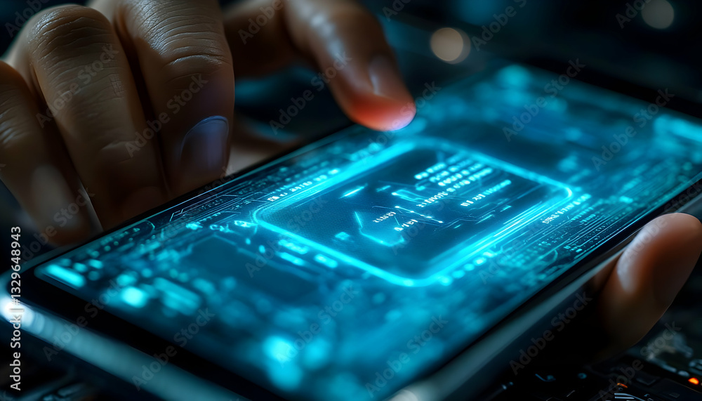 Poster close-up of hands using a smartphone displaying a futuristic, glowing interface with data and graphi