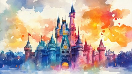 Whimsical watercolor castle with vibrant colors and soft, charming details. A fantasy world sketch on a white background, perfect for creative projects and imaginative designs.