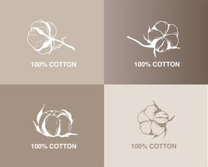 Cotton Plant Illustration. Cotton Branch Label Design. 100% Cotton, Pure Cotton Graphics. Hand Drawn Cotton Flowers  Line Art Illustration. Cotton Outline Trendy Minimalist Design