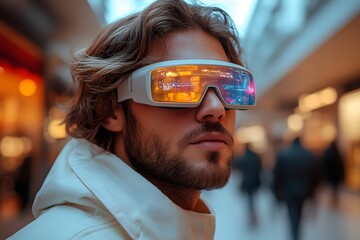 Stylish man in AI-powered smart glasses with an interactive HUD walks through a futuristic mall. The scene feels exciting and visionary—ideal for tech ads or articles on AI innovation in daily life.