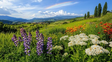 Obraz premium Dreamy countryside scene with a brilliant rainbow shining over green grass and vibrant flowers.