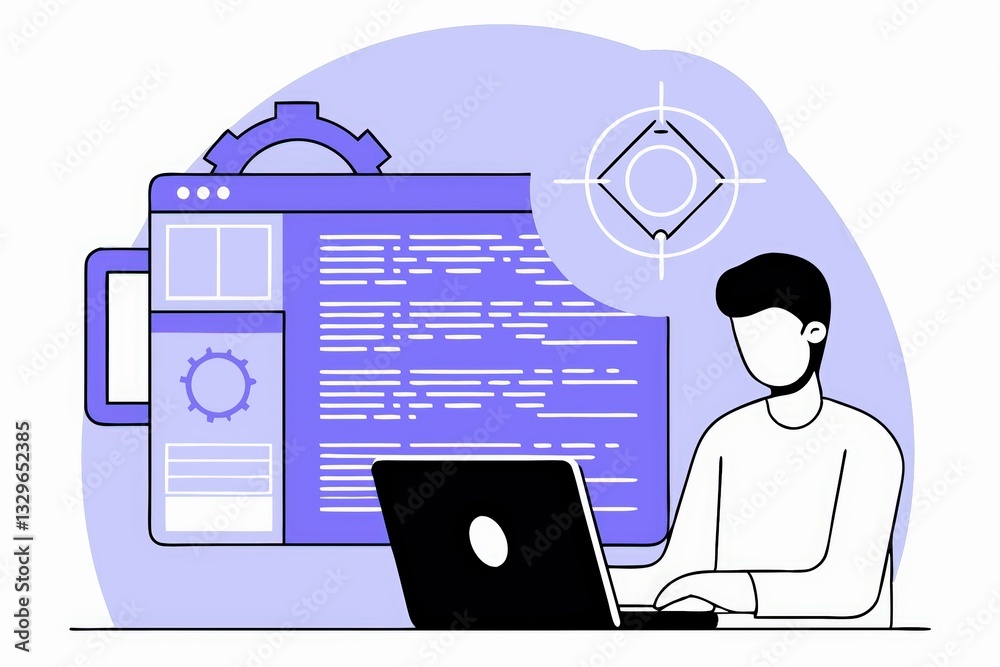 Poster a person coding on a laptop, surrounded by digital interface elements and gears, symbolizing technol