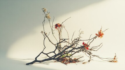A minimalist arrangement of dead branches and fading flowers, artistically lit.