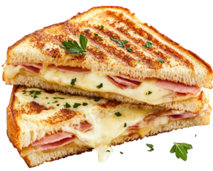 delicious croque monsieur sandwich featuring layers of ham and melted cheese, perfectly toasted to golden brown. addition of herbs enhances its savory flavor
