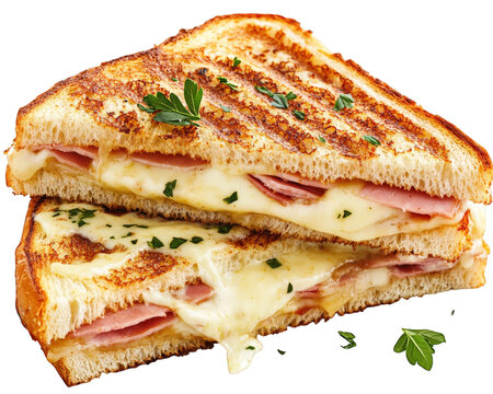 delicious croque monsieur sandwich featuring layers of ham and melted cheese, perfectly toasted to golden brown. addition of herbs enhances its savory flavor
