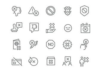 Vector icons on the theme of prohibition and refusal in linear style, editable. This set includes icons with symbols of prohibition, crosses, stop signs, and other visual elements that are easy to use