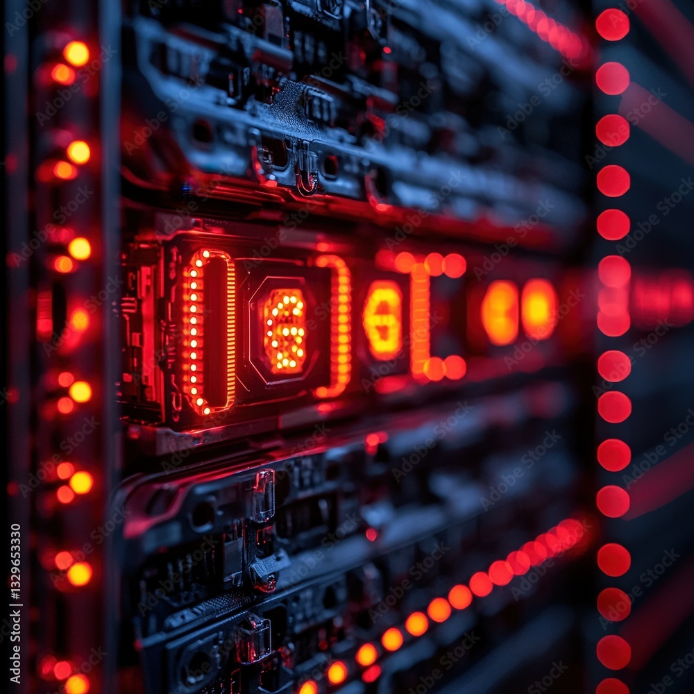 Poster high-tech computer server rack with illuminated red lights indicating active data processing