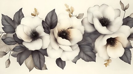Elegant grayscale floral arrangement featuring large blossoms and leaves