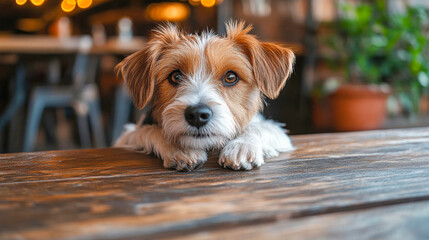 A small black and brown dog with a curious expression leans on a wooden table, staring at the camera in a warm, cozy environment.