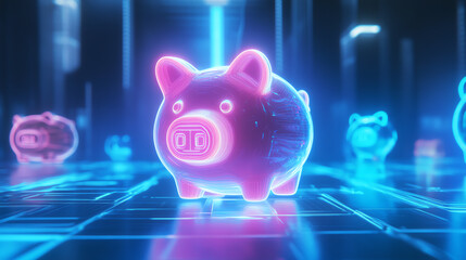 Glowing piggy bank in a digital environment.