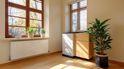 Fototapeta premium Gas-powered combi boiler system connected to a heating radiator, showcasing modern efficiency.