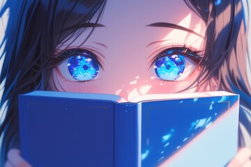Obraz premium anime illustration of a cute girl having a blue book in front of her face and only showing her sparkly eyes