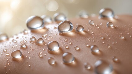 Tiny water droplets rest on a smooth surface, reflecting light in a warm atmosphere during a serene moment