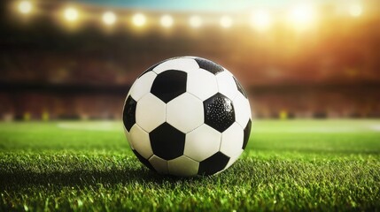 Fototapeta premium Soccer ball positioned on a well-maintained soccer field awaiting the start of the game