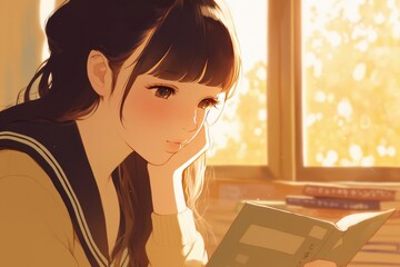 a Japanese school girl is reading a book , anime style illustration