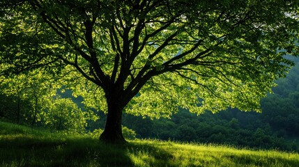 Obraz premium Majestic Green Tree Under the Sunlit Forest Canopy in Nature