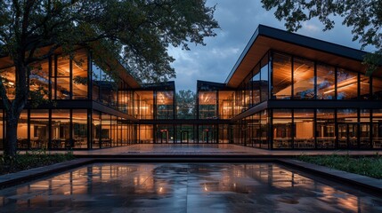 Fototapeta premium Exploring the Essence of Normalist Architecture: A Spacious Poolside Oasis in a Harmonious Setting