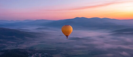 Serene Sunrise Hot Air Balloon Flight Over Misty Mountains