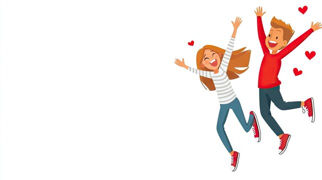 Joyful couple jumping, hearts, white background, Valentine's Day