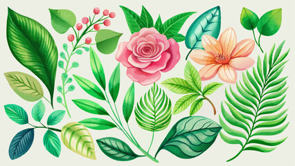set collection green leaves and flower watercolor style for printing,wedding,decorate,flower shop,business card vector illustration