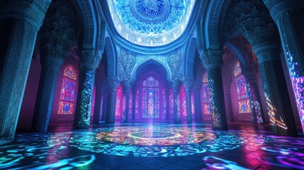 Obraz premium A hypnotic display of sacred geometry, floating calligraphic designs glowing in a cosmic mosque ambiance