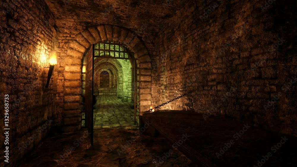Aufkleber 3D animation of empty cells in a medieval dungeon with fire torches burning on the walls.