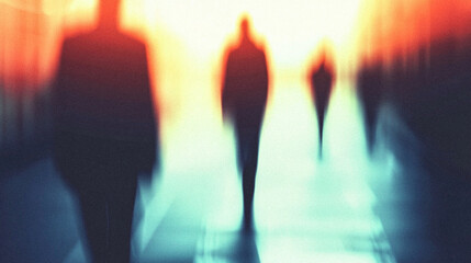 Motion Blur of Business Professionals Walking in a Corporate Environment with Warm Light – Dynamic Leadership and Career Growth Concept