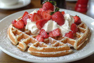 Waffles with strawberries and cream in a classic, elegant brunch spot