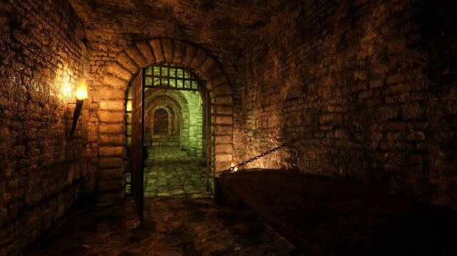 3D animation of empty cells in a medieval dungeon with fire torches burning on the walls.