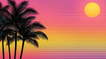 Abstract background retro 80s vibes concept. Vibrant sunset with palm trees against a colorful gradient sky.