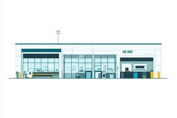 Modern Commercial Building Exterior with Large Windows and Signage